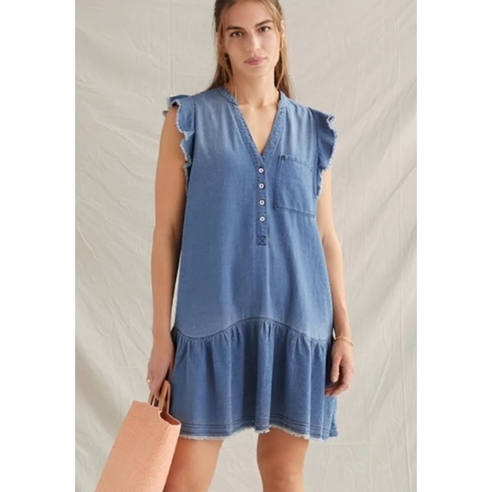 Pilcro Denim Ruffle Mini Dress Light Wash Blue Cotton Sleeveless M